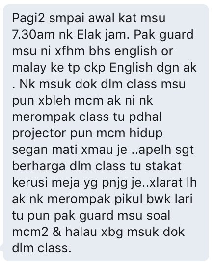 MsuConfessss's tweet photo. Ni satu hal, bayar mahal2 duk dalam kelas pun tak bagi. Lagi satu klau ad event, nak practice dalam kelas tak boleh tp event under msu. Sial https://t.co/JcB6ALUogR
