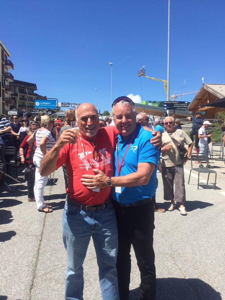 letape87's tweet photo. Stage 1 completed! Climbed Alpe d'Huez with Stephen Roche, crossed Dauphiné finish line before the pros, &amp; had champagne at VIP area ! https://t.co/OmlMVmqCHm