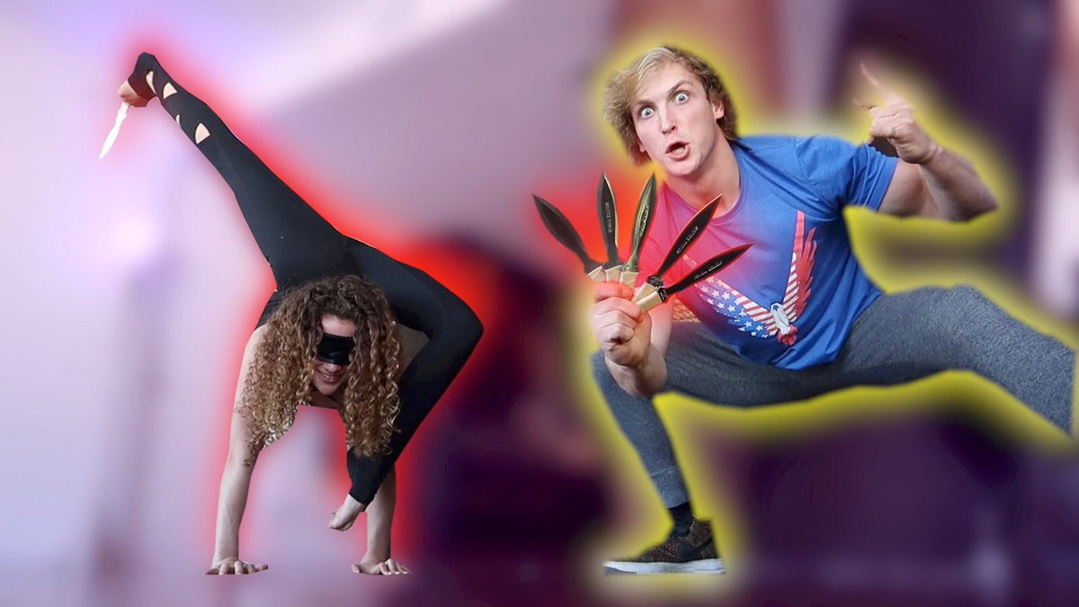 LoganPaul's tweet photo. This girl threw knives at my face, blindfolded... AND WITH HER FEET! 😱
Go watch the new VLOG ➡️ https://t.co/Z3H7FZuiI2 https://t.co/wdofo8oaML