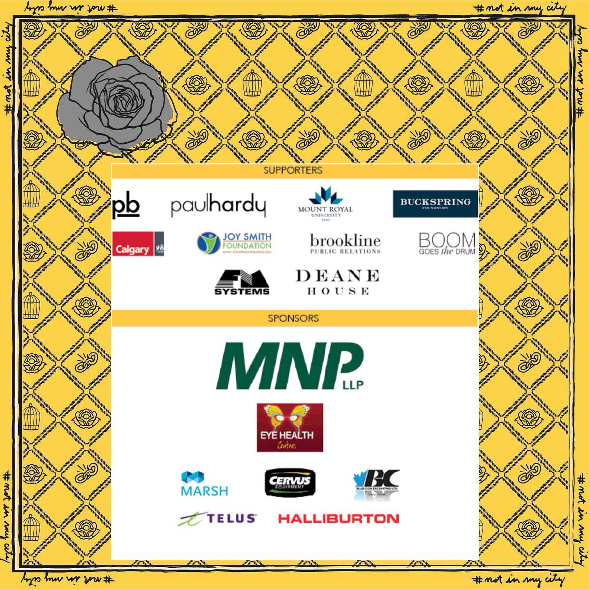 THANK YOU to our sponsors. Bulk Bandana orders available soon. Details on July 6th party <a href="/deanehouseyyc/">Deane House Restaurant & Garden</a> notinmycity.ca #notinmycity