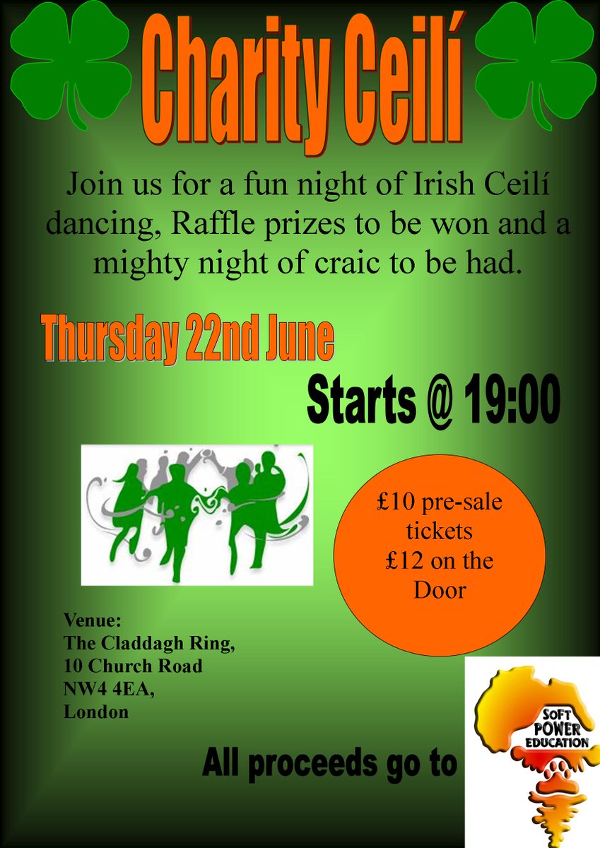 ***Charity Ceili*** Thursday 22nd June @ 7pm. Tickets Pre-Sale £10 all proceeds go to Soft Power Education. Please show your support.