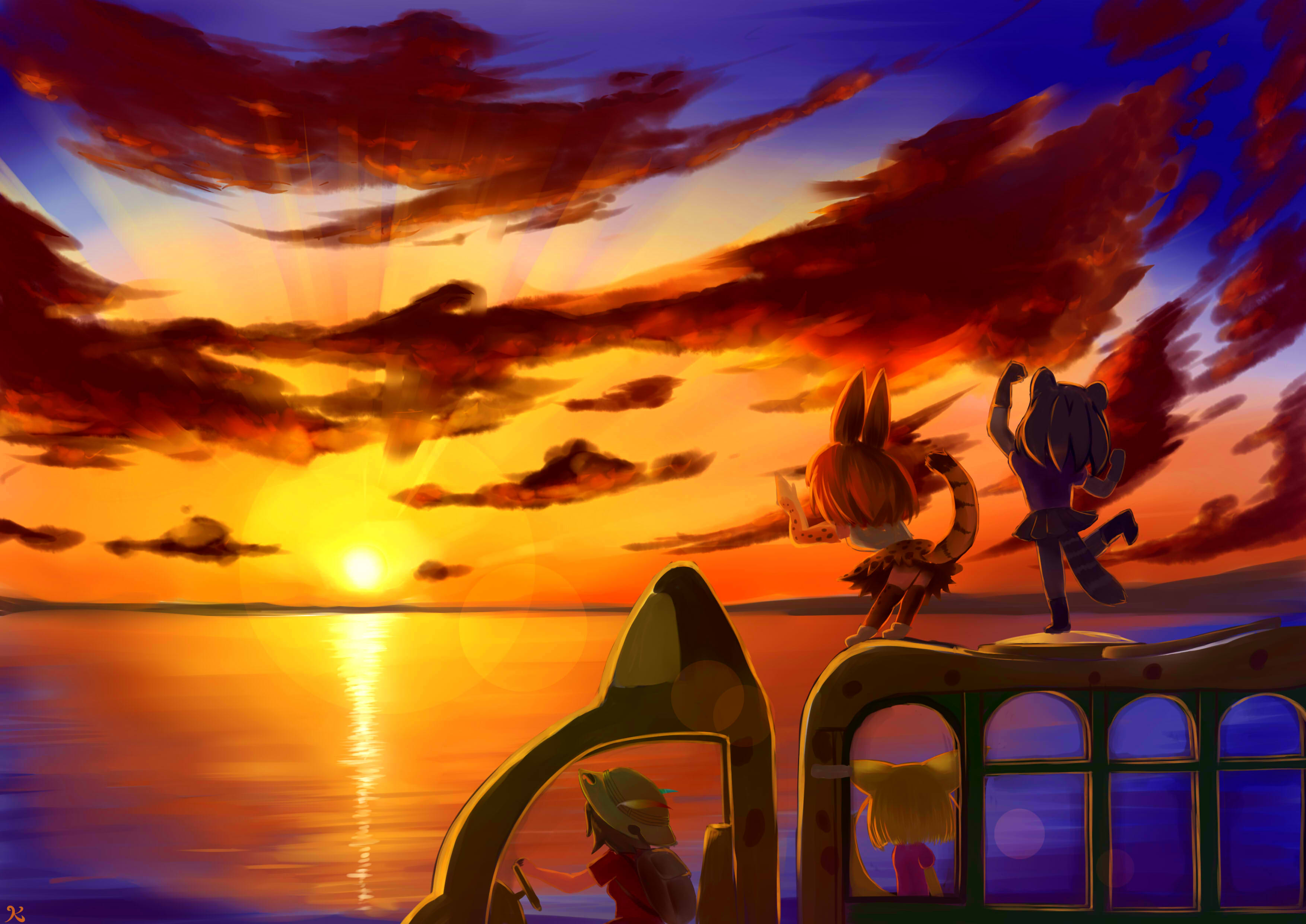 ｋ 週一絵 ７日目 完成 ごこくちほーに向かう４人が海の上で見た夕焼け 夕焼けはいいですね 世界がオレンジ色に染まって 何故か切ない気持ちになって ず っと眺めていたくなります この４人の明日はどんな一日になるのかな 週一絵