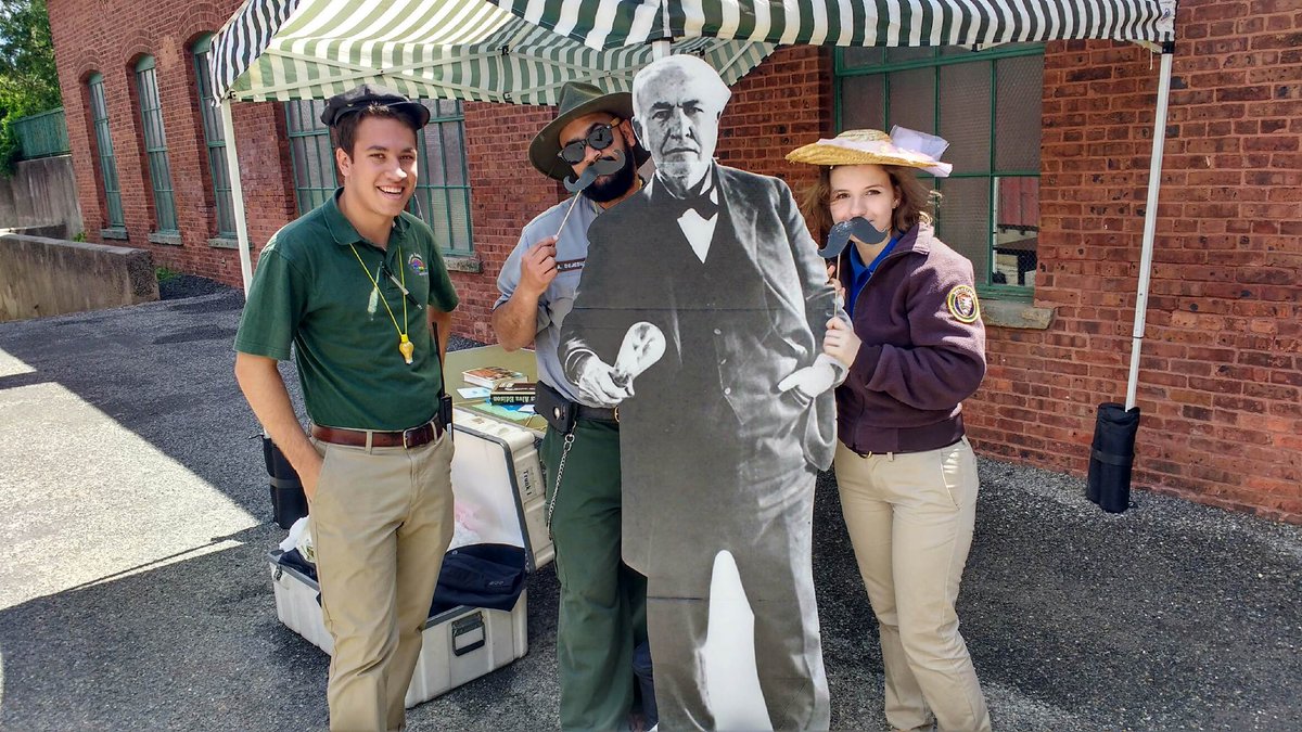 ThomasEdisonNHP's tweet photo. Ranger Anthony, volunteers Nick & Abby ran into an old friend at #thomasedisonnhp on #edisonday. Come say hello to #Edison. #Free Admission. https://t.co/6eZlTEKFUL