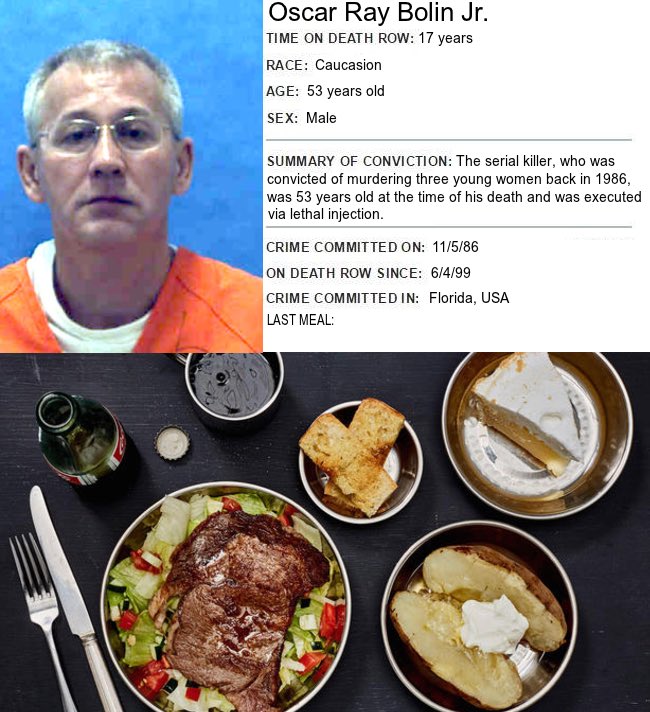 historyinmemes's tweet photo. Bolin had a rib eye steak, a baked potato, a salad made with iceberg lettuce, garlic bread, lemon meringue pie, and a bottle of Coca-Cola. https://t.co/9hIK9RkLvT