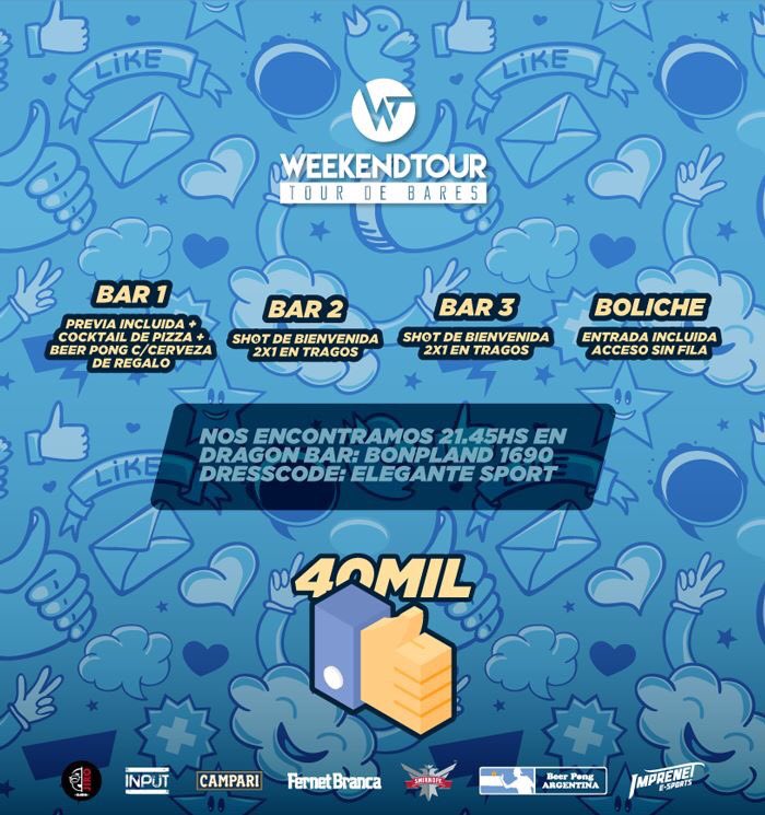 WeekendTourBa's tweet photo. Hoy festejamos los 40000 líkes!

Punto de encuentro: Dragon Bar, Bonpland 1690, 21.45hs 🕙
1534683667 📲

Anunciate por lista de WeekendTour https://t.co/OF4HUp5UXB