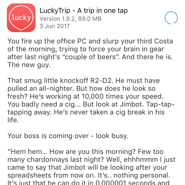 JonathanEveritt's tweet photo. Best app update info ever!! Touché @LuckyTripApp 👏👏👏 https://t.co/h1sfFFgb59