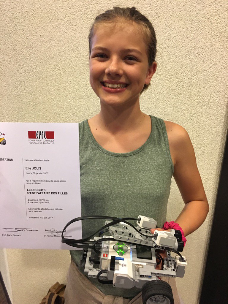 A very proud #futureengineer with her robot. Huge thanks to <a href="/EPFL_SPS/">EPFL Promotion des sciences</a> <a href="/EPFL_en/">EPFL</a> <a href="/nccrrobotics/">NCCR Robotics</a> for igniting the spark