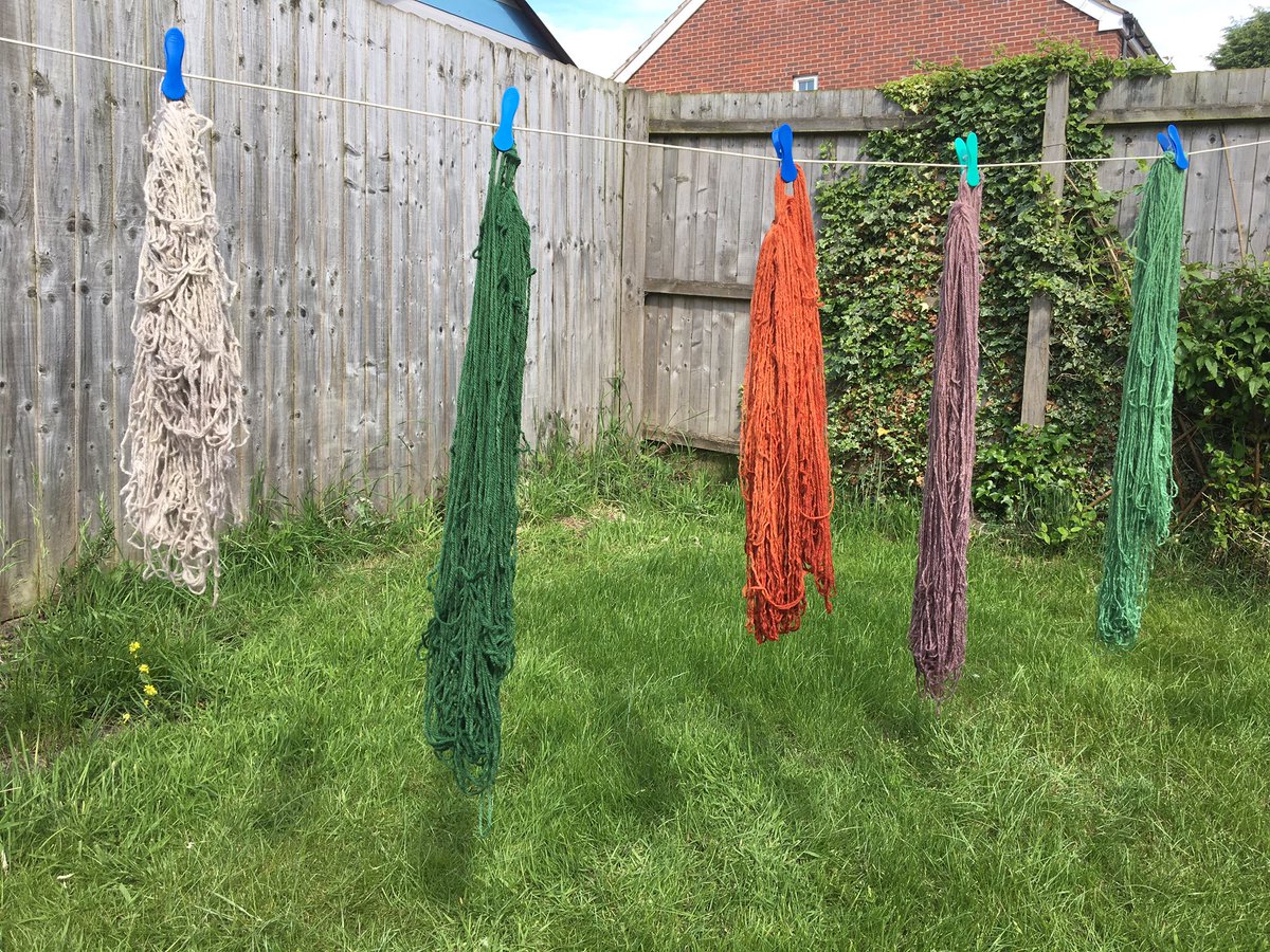 Justtextiles's tweet photo. Here they are. The five @NewForestTartan colours hand-dyed using natural dyes. It's a task &amp; a half, but so good to do. Tomorrow, weaving! https://t.co/zbpBL38tBt