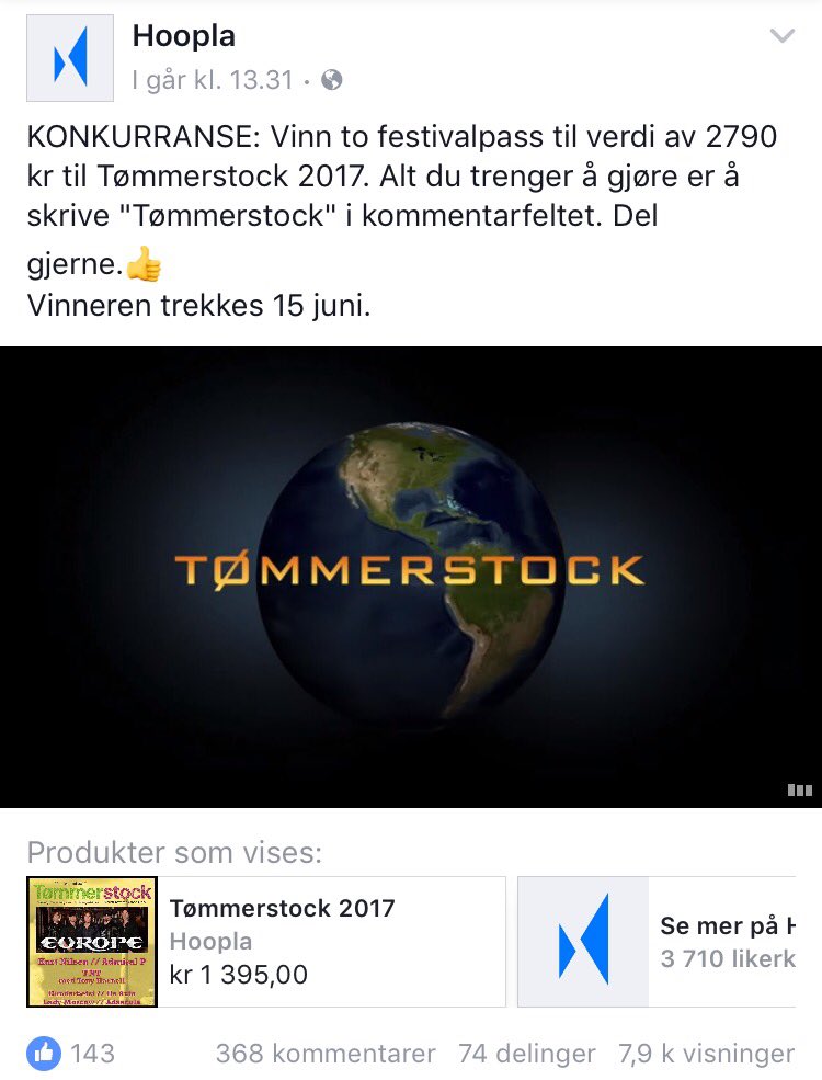 tommerstock's tweet photo. Vår samarbeidspartner Hoopla kjører konkurranse på Facebook hvor DU har muligheten til å vinne to festivalpass (verdi 2790kr)! Sjekk det ut! https://t.co/pZXXFZEz4X