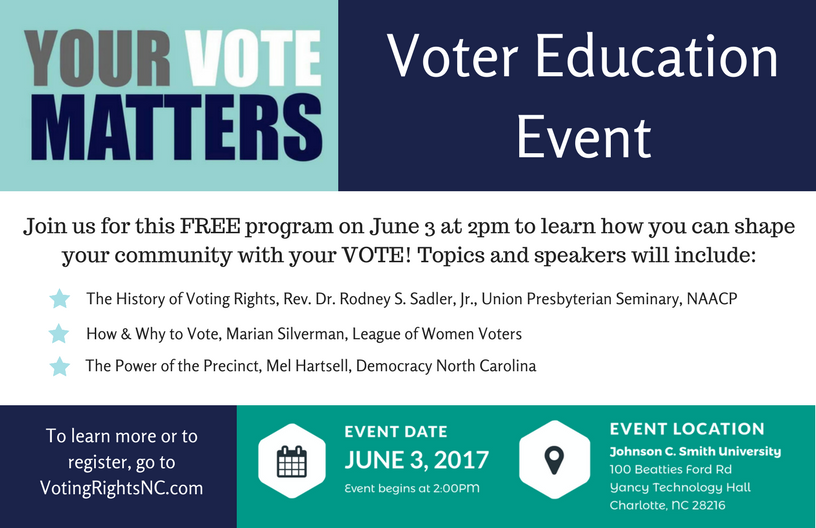 VotingRightsNC's tweet photo. Your #Vote Matters! FREE event on how to shape #Charlotte with your vote, TODAY 2pm @JCSUniversity - register at https://t.co/tefFQJCcnK #NC https://t.co/eq03Ngfu7S