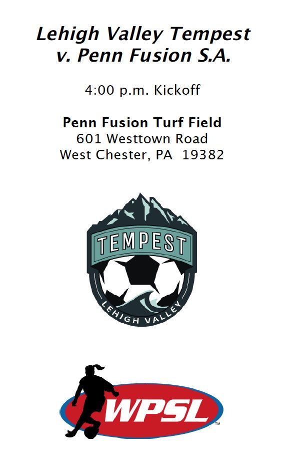 LV_Tempest's tweet photo. Game Day! The @LV_Tempest take on @PennFusion_SA today in West Chester. Kickoff is at 4:00 p.m. #GameDay #WPSL ⚽️ https://t.co/0Tr7Bpfe7k