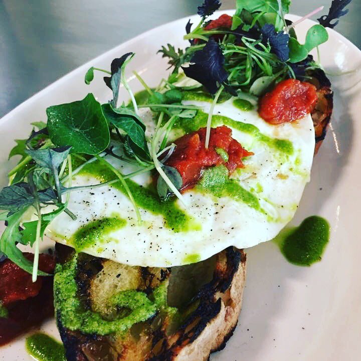 Over easy and toast, tomato jam, pea tendril pesto <a href="/OneLoudoun/">One Loudoun</a> <a href="/VOLT_AGGIO/">AGGIO</a>