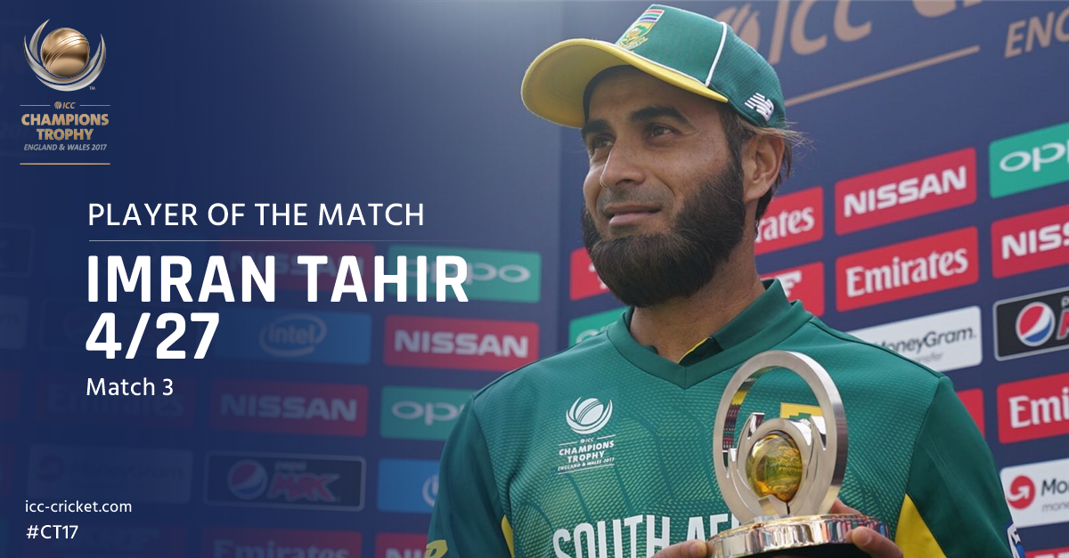 ICC's tweet photo. Imran Tahir wins Player of the Match for his 4/27 to help bowl Sri Lanka out and get South Africa off to a winning start at #CT17 #SLvSA https://t.co/5hKSKqDep2