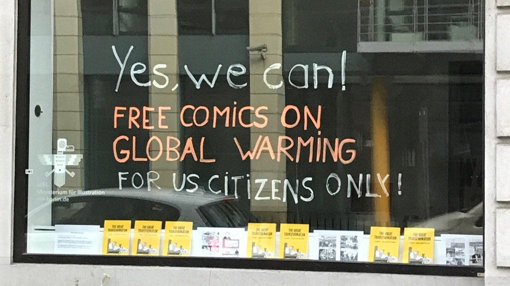 CWRoehl's tweet photo. Bookshop #Berlin Chausseestraße is ready for @realDonaldTrump coming to town in July... #ParisAccord #G20 #EarthFirst https://t.co/oIev4akt1K
