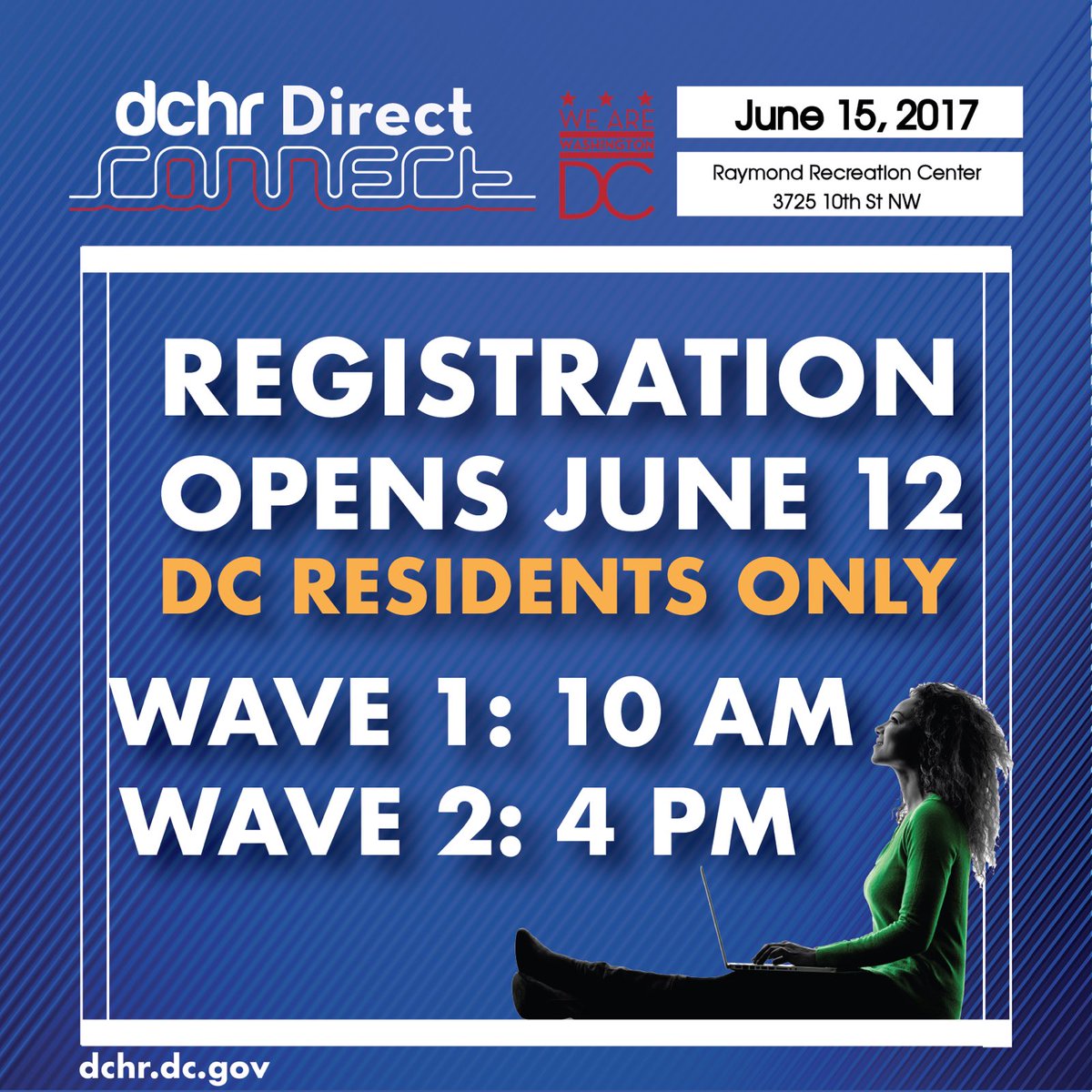 dchrDC's tweet photo. Registration for the next #DCDirectConnect hiring event will open in two waves on June 12th for #DC Residents!
Info: https://t.co/7HU1PLLUyr https://t.co/6fqNFcpHVe