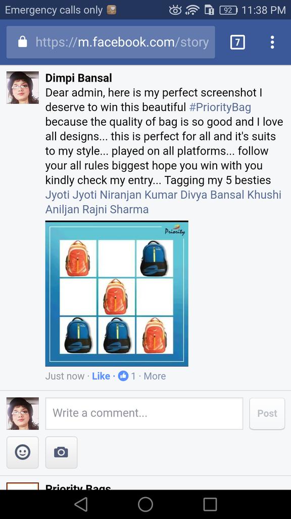 Dimpi5078's tweet photo. @PriorityBagsIN #PriorityBag
Dear admin..Here is my screenshot of insta & FB...played on all platforms.. Kindly check my entry...hope 2 win https://t.co/XdaVIphFtL