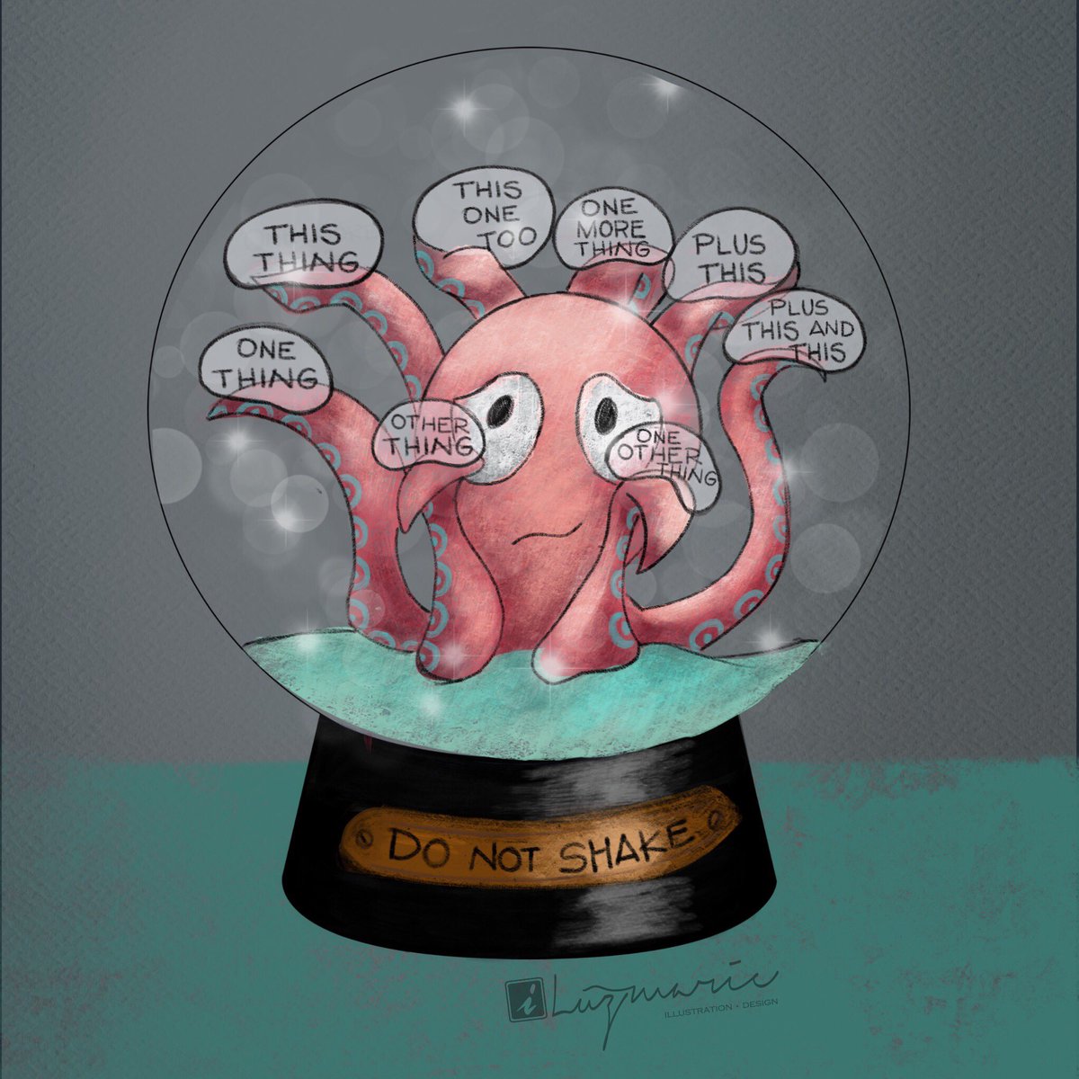 iluzmarie's tweet photo. "Do not shake" #childrensbookillustration #childrensbooks #picturebooks #iluzmarie #octopus #tomanythings #snowglobe #donotshake #kidlitart https://t.co/5xSZkmj8oJ