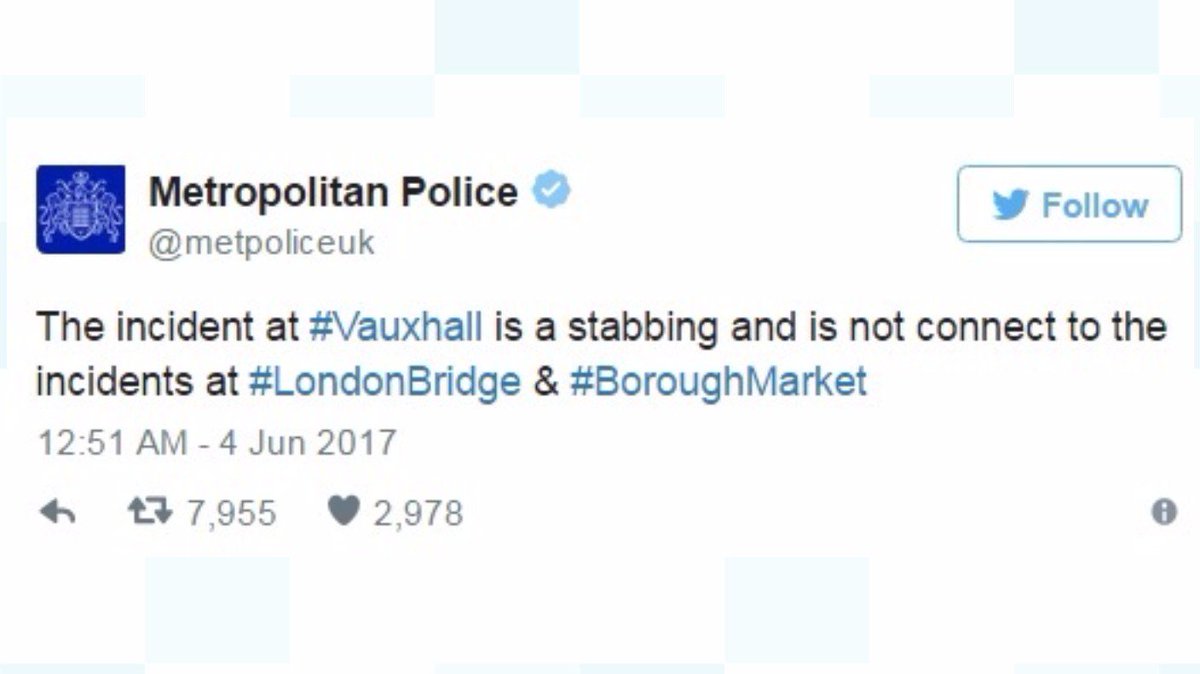 Vauxhall stabbing not linked to 'terrorist incidents' in #LondonBridge and #boroughmarket itv.com/news/story/201…