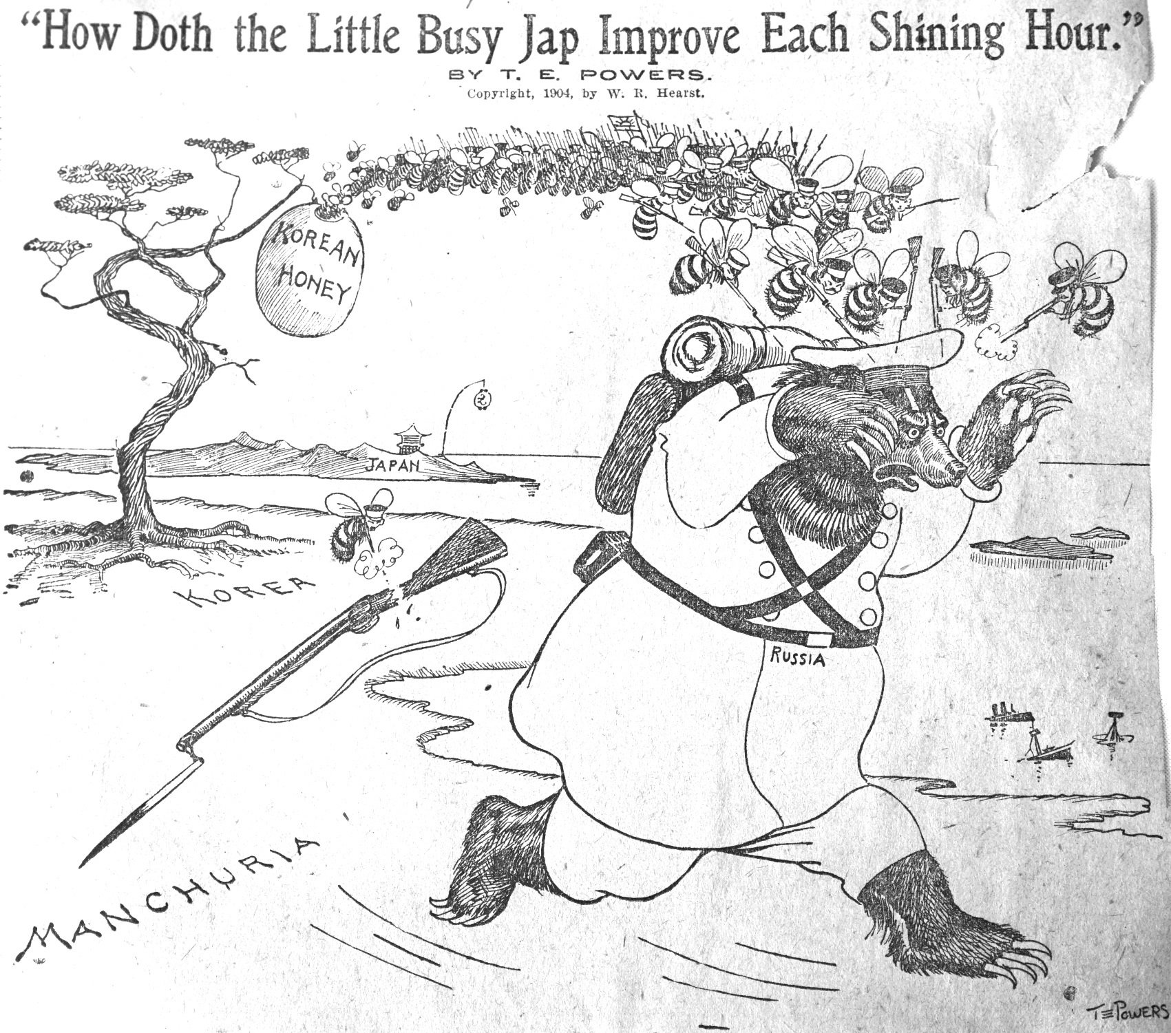 サンダースあき Pa Twitter 1904年2月頃のニューヨークヘラルド 現ニューヨークタイムズ に掲載された日露戦争の風刺画 朝鮮半島という 蜜 を吸って日に日に戦況を有利にしていく日本軍の図 ということでしょうか 元の新聞紙がだいぶ黄ばんでいたので画像を
