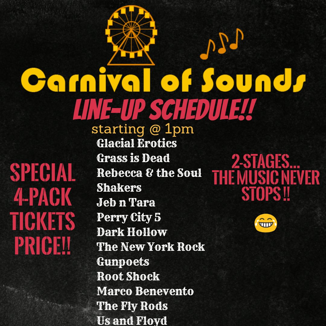 kbpbooking's tweet photo. Speical 4-pack ticket option for $100 ($25ea) Carnival of Sounds! 12 bands 2 stages one unforgettable day ---cosf.brownpapertickets.com--- https://t.co/m1orpCG7rA