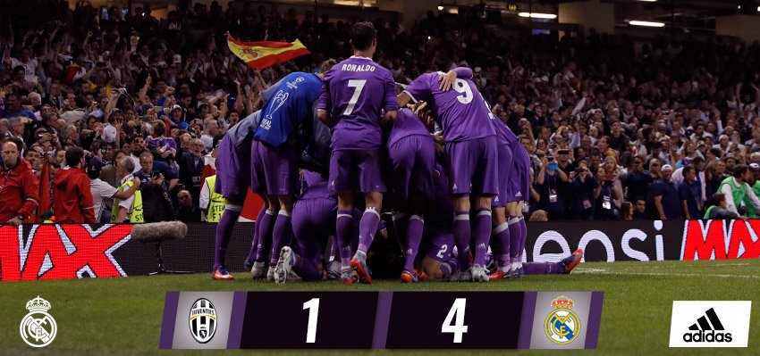 FT: @juventusfc 1-4 #RealMadrid (Mandzukic 27'; @Cristiano 20', 64', @Casemiro 61', @marcoasensio10 90'). WE ARE THE #CHAMP12NS OF EUROPE!