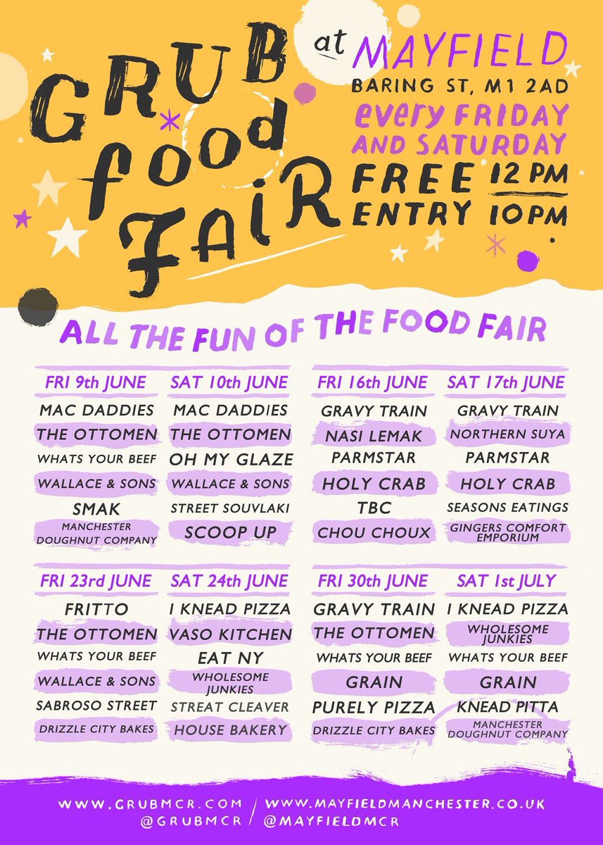 GRUBMCR's tweet photo. NEXT SATURDAY!

Your dining options are going to look a little something like this... 

#GRUBFoodFair at @MayfieldMCR... we can't wait! ❤️ https://t.co/y5wxCgAXXq