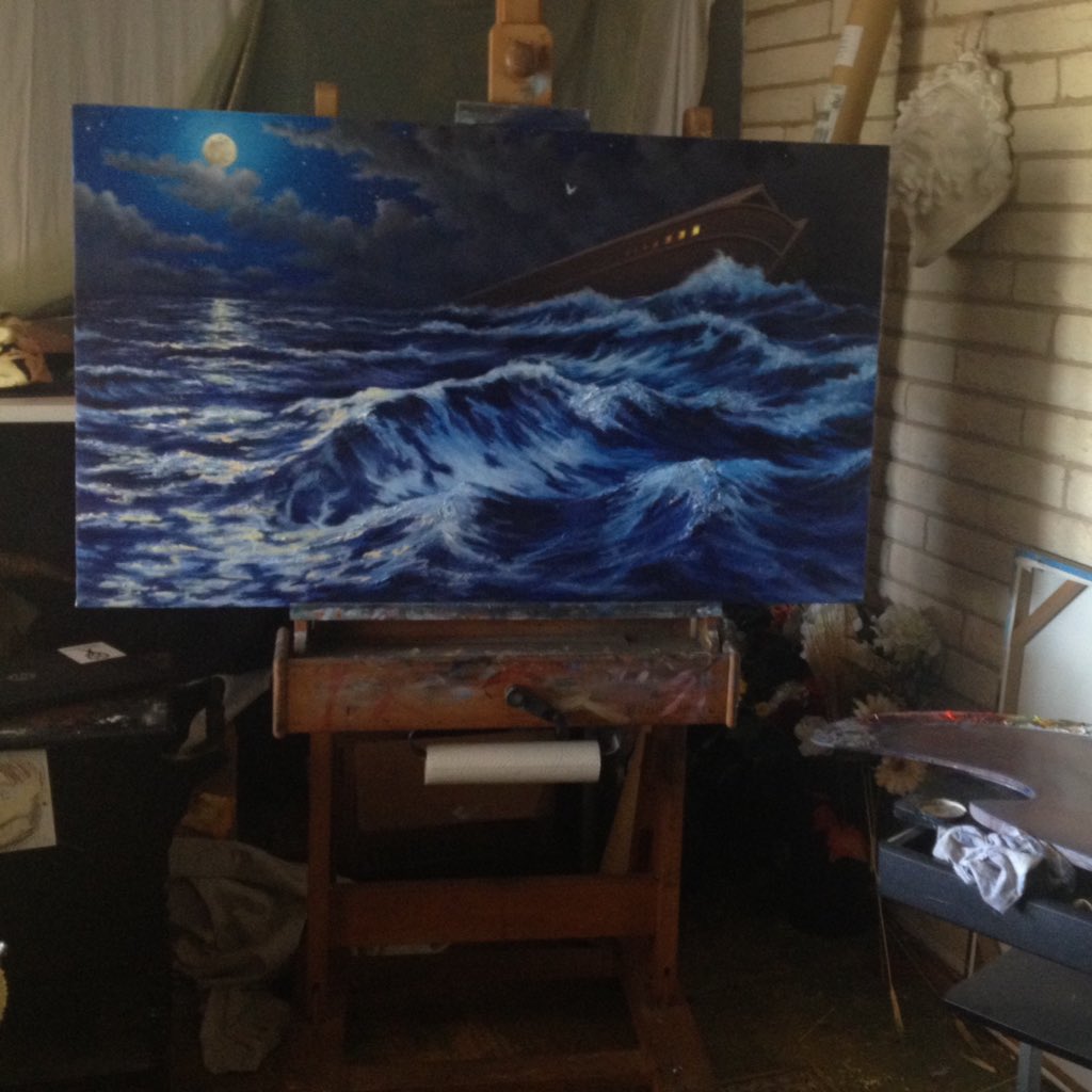 _MichaelSVieira's tweet photo. Day9 Might be finished... I think #NoahsArk #OilPainting #Art #TheGreatFlood #BibleStory #StormyOcean #FullMoon White dove with olive branch https://t.co/uEjuV8PoM4