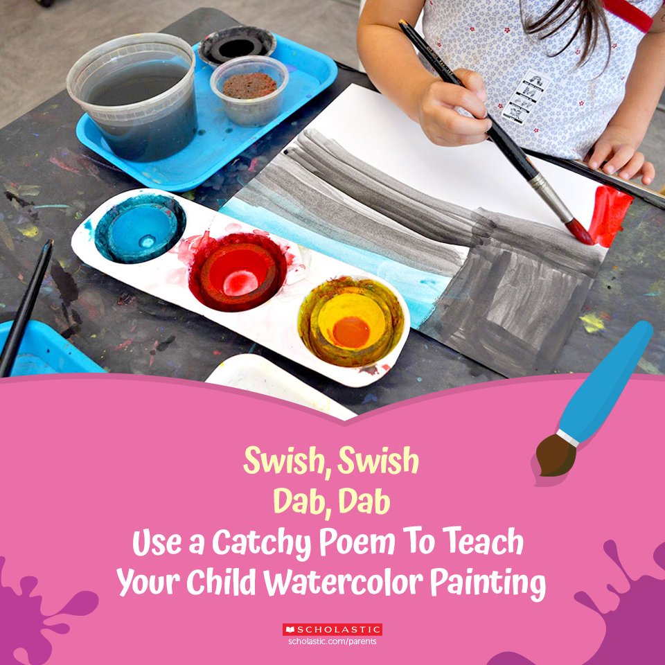 Scholastic's tweet image. Use this sweet little ditty while your child plays with watercolors for a fun arts and crafts activity. bit.ly/2ryXYMI