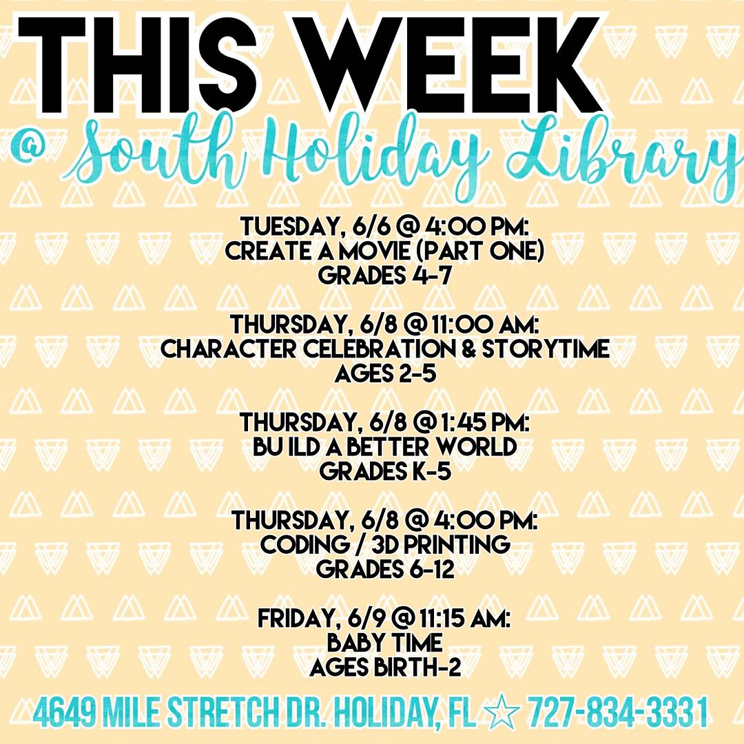SoHoLibFriends's tweet photo. Summer's officially started. Here's what's coming up this week at @SouthHolidayLib #SouthHolidayLibrary #PascoCounty #BuildABetterWorld https://t.co/h3j01ZDgEe