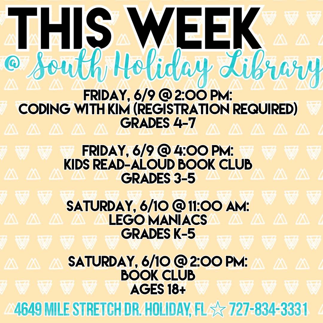 SoHoLibFriends's tweet photo. Summer's officially started. Here's what's coming up this week at @SouthHolidayLib #SouthHolidayLibrary #PascoCounty #BuildABetterWorld https://t.co/h3j01ZDgEe