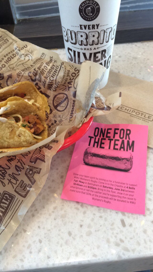 WWUCampusRec's tweet photo. Don't forget to eat at the Bellis Fair Chipotle today! Mention @WWU_Rugby to the cashier &amp; the team receives 50% of profits from your order! https://t.co/8cMEXFyZh4