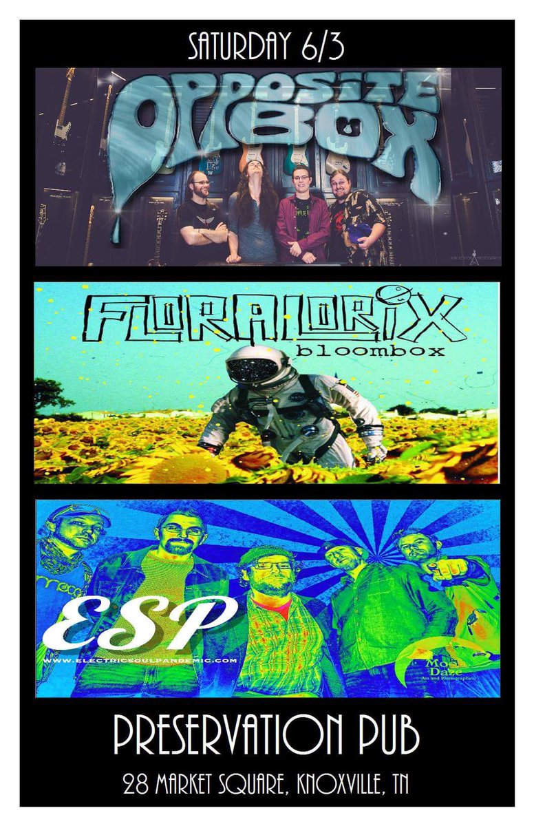 **TONIGHT**

<a href="/OppositeBox/">Opposite Box</a> , <a href="/Floralorix/">Floralorix</a>  and <a href="/ESPandemic/">ElectricSoulPandemic</a>  at <a href="/preservationpub/">Preservation Pub</a>  in Knoxville, TN!

#OBscene