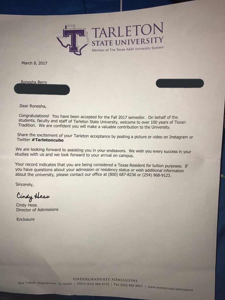 crowley2017's tweet photo. Congratulations to Ronesha Berry who has been accepted to both Prairie View A&amp;M University and Tarleton!!! Great job! https://t.co/Eu7OfmCAE4