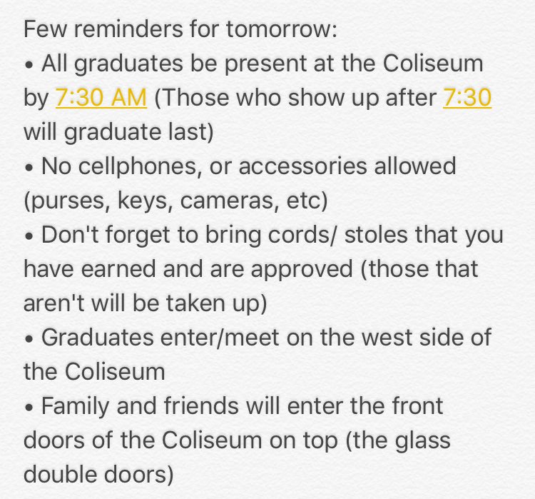RLT_17's tweet photo. Class of 2017, here are a few reminders for tomorrow. 
See you all tomorrow 🎓 #ClassOf2017 #BleedBlue https://t.co/hlzlX6J8rj