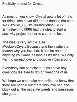 inside5soshelp's tweet photo. Hi guys sorry it's been a while but some people started a tag, #WeLoveCrystalBecause, to spread love to Crystal and to know she's not hated https://t.co/CImkJv5U43