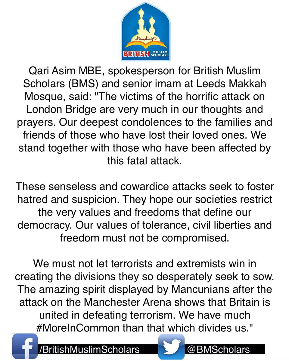 alhiraluton's tweet photo. Official statement of British Muslim Scholars (@BMScholars) regarding last night’s attacks in London.

#LondonBridge #BoroughMarket https://t.co/S1kqK16wYD
