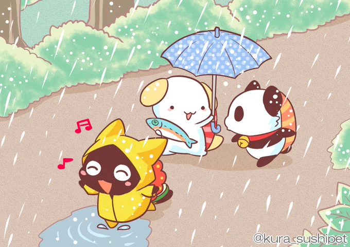 しゃりパンダ「ありゃ…突然降ってきたアルな。」
しゃりわんこ「はい傘。ぐんかんにゃんこが持ってきててよかったねえ。」 