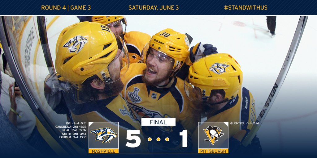 PredsNHL's tweet image. Awwww yeahhhhh! #Preds take the Game 3 W by a score of 5-1. See ya Monday! #PITvsNSH
