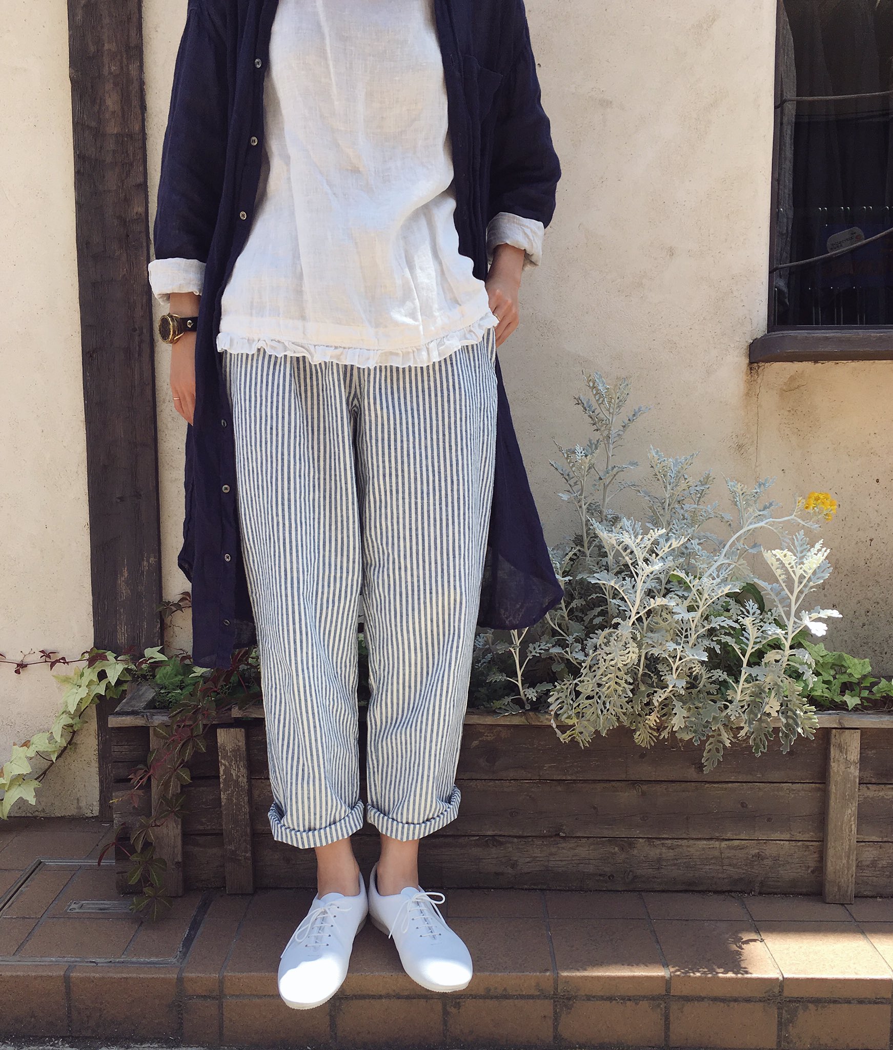 木造 ネストローブ(nest robe)コットンリネン ストライプパンツ