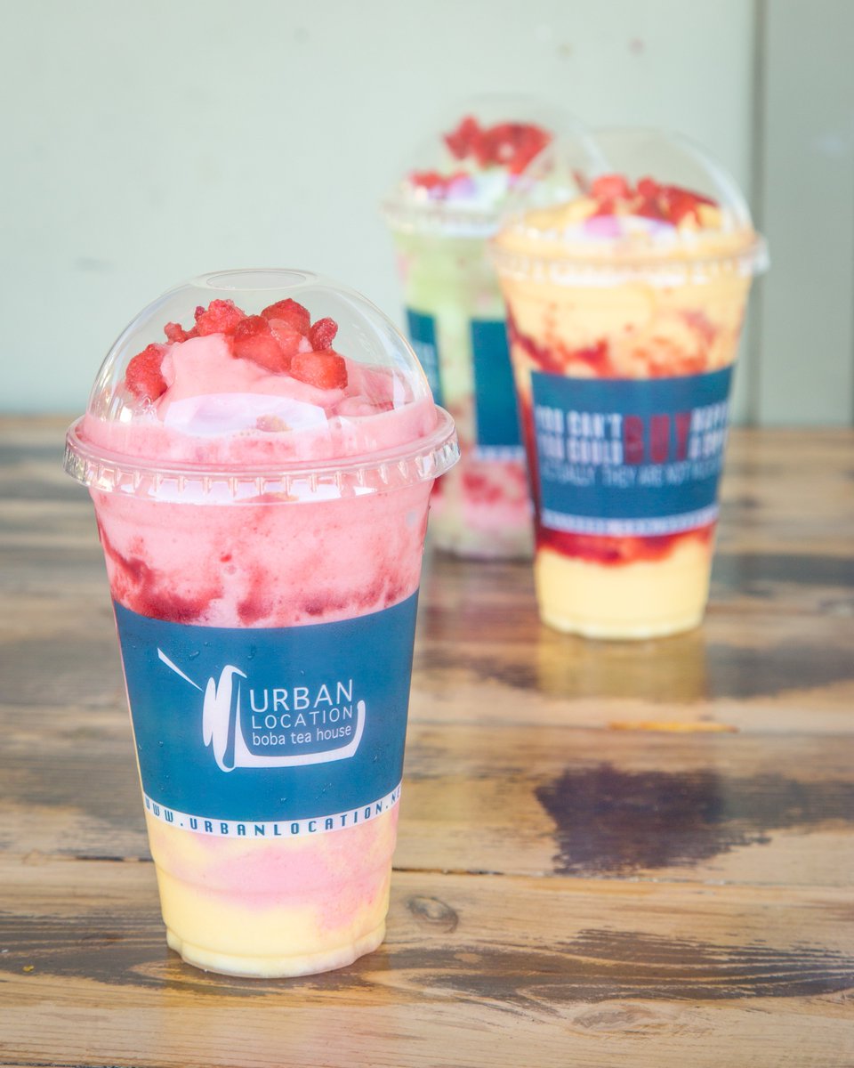 Find your smoothie flavor at #urbanlocation today! #ocfoodie #yelpoc #smoothie #boba #milktea #summerready #strawberry #mango #honeydew