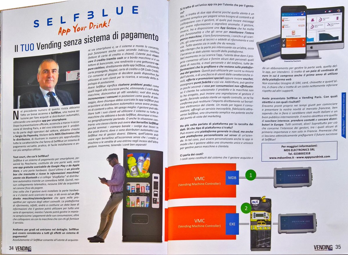 Peachwire's tweet photo. Sul numero 28 di #VendingNews, la rivista del settore vending, due pagine dedicate a #SELFBLUE da parte del nostro distributore per l'Italia https://t.co/3KcpUXXya5
