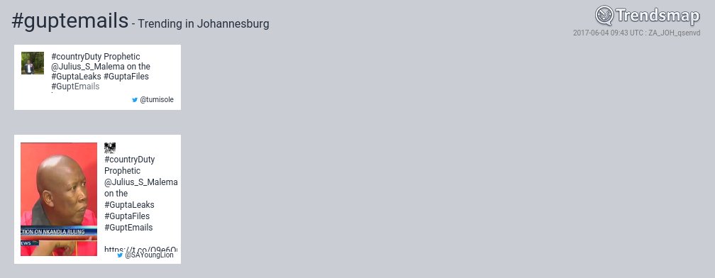 TrendsJoBurg's tweet photo. #guptemails is now trending in #Johannesburg
https://t.co/eiCMF6KeKu https://t.co/8Hmav1rcoJ