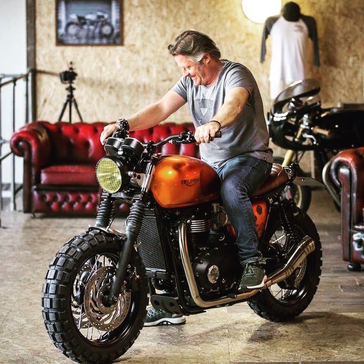 IndiaTriumph's tweet photo. That expression when you 'try your new bike' for the first time. Here @charleyboorman trying out his new custom built by @Downandoutmoto. https://t.co/3eZl3mYatC