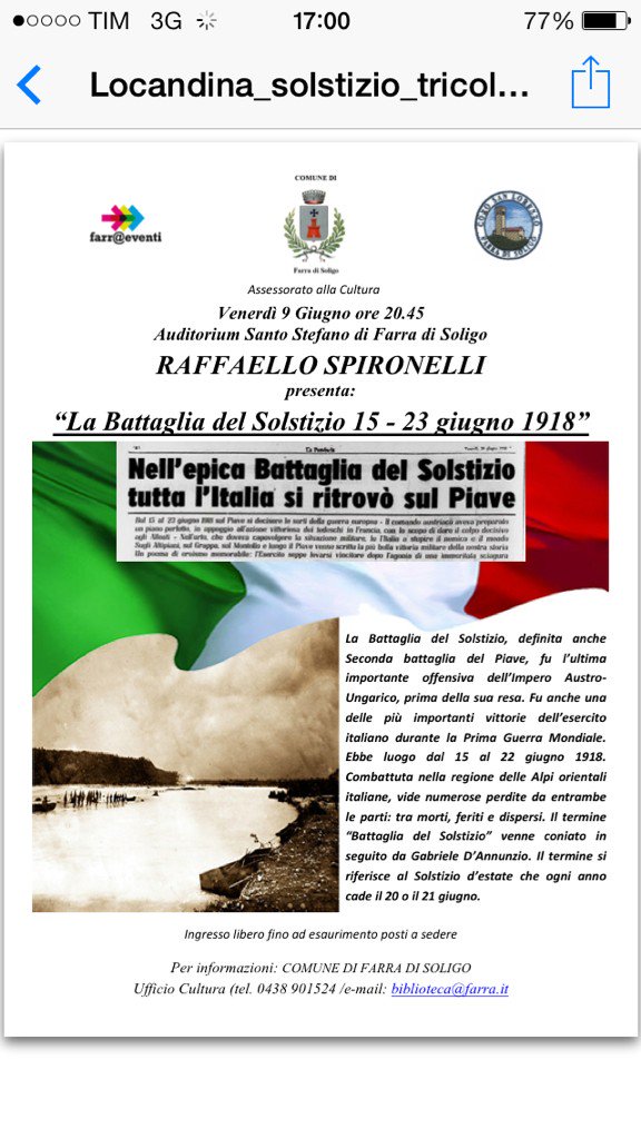 La battaglia del Solstizio, venerdì 9 Giugno ore 20.45 Auditorium Santo Stefano, vi aspetto!  #grandeguera