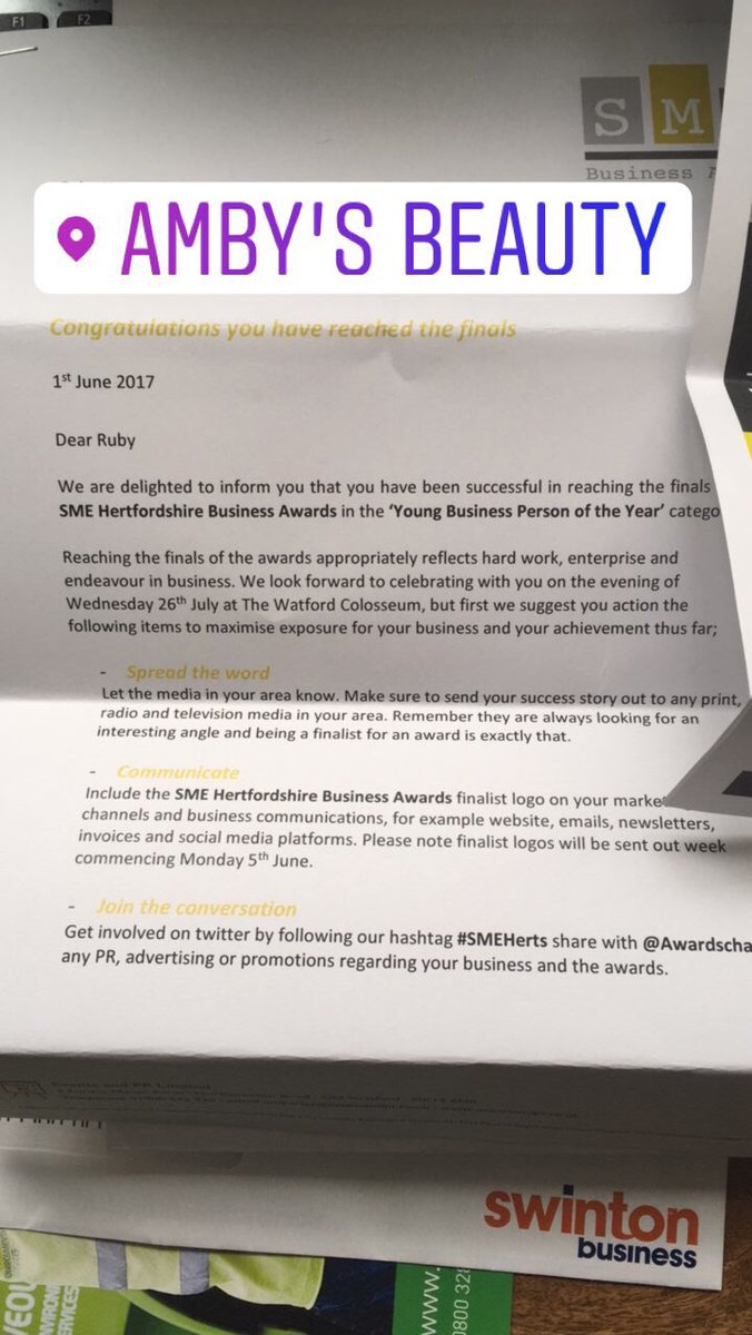 AmbysBeauty's tweet photo. We have reached the finals for SME Business Awards in the 'Young business person of the year' category 🥂 @awardschamp #smeawards #smeherts https://t.co/U728S9jBZM