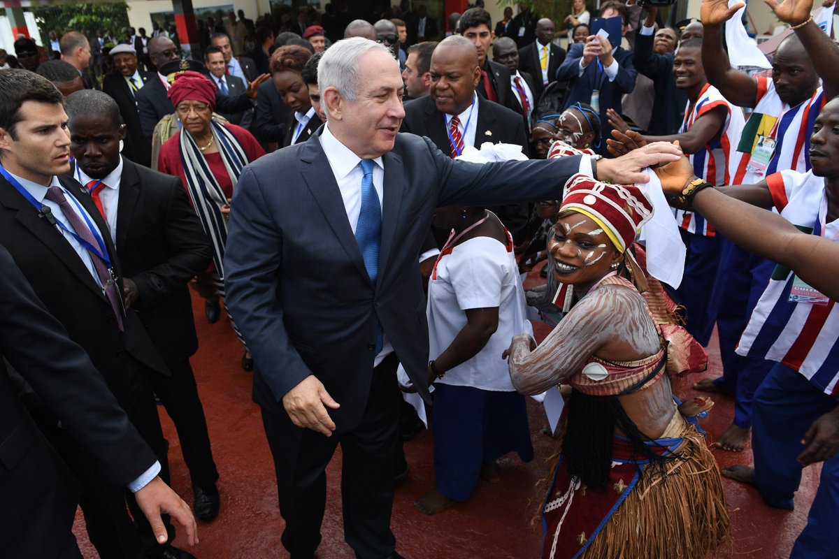 IsraeliPM's tweet photo. Prime Minister Benjamin Netanyahu arrived in Liberia, for the #ECOWAS summit, and was welcomed by Liberian President Ellen Johnson Sirleaf. https://t.co/mv3S4IzKKy