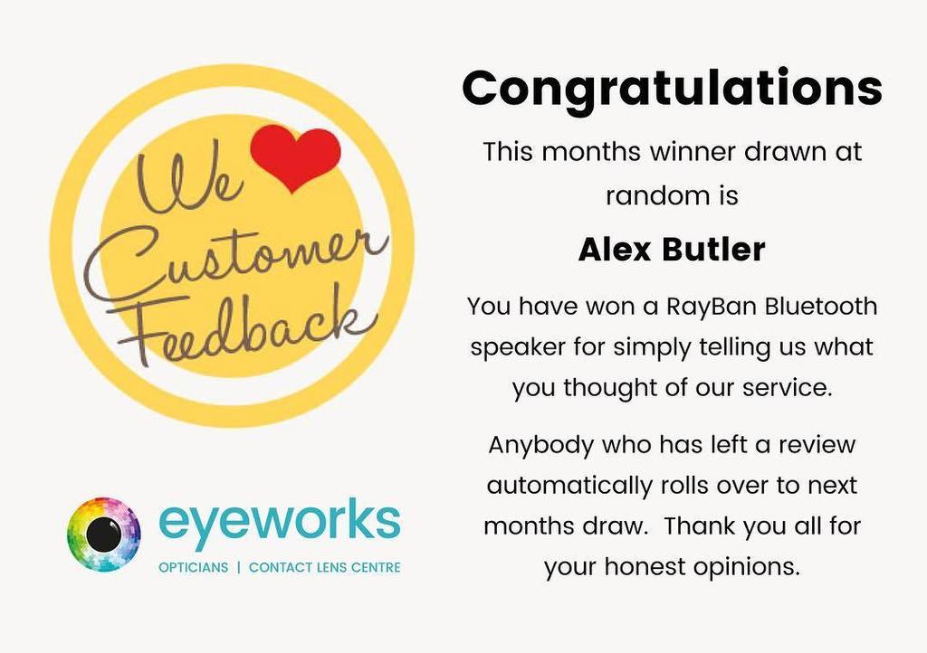 eyeworks2020's tweet photo. Congratulations to this months Competition Winner Alex Butler. #eyeworksoptical #ourwhitleybay #winner #competiti… https://t.co/PgAn9Nxrdz https://t.co/w6c3T6bUnJ