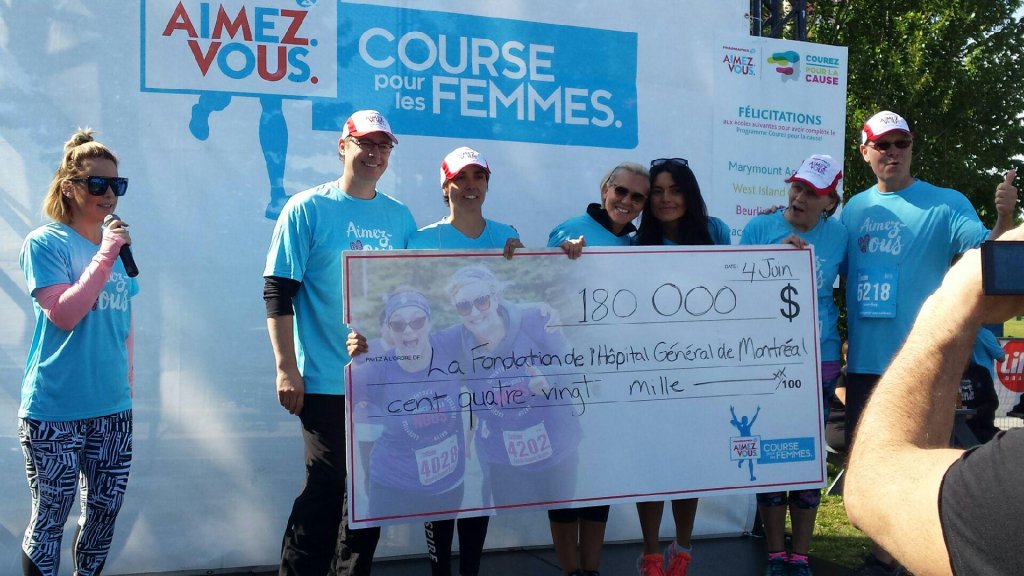 Un incroyable $180000 amassé pour @fhgm_mghf - <a href="/Diaz_Alex/">Alexandra Diaz</a> et <a href="/Sophiepregent/">Pregent sophie</a> présente le chèque. #PHARMAPRIXAIMEZVOUS #CoursePourLesFemmes