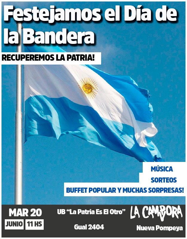CamporaPompeya's tweet photo. Festejamos #DíaDeLaBandera en Pompeya, los esperamos el martes 20 a partir de las 11 hs en Gual 2404 🇦🇷 https://t.co/qQ9yfZUgnP