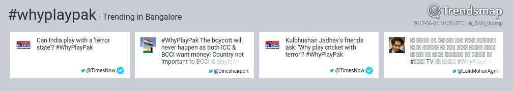TrendsBengaluru's tweet photo. #whyplaypak is now trending in #Bangalore
https://t.co/YBGruDTGp7 https://t.co/BGgO15fQa8